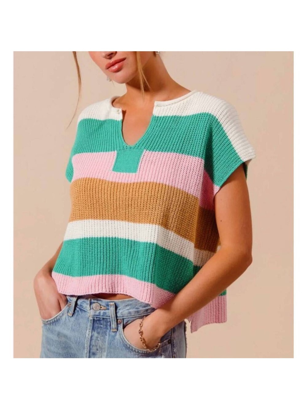 So Me Striped V-Neck Sweater - Pink, Teal & Tan Sz Small Oversized 🍉 Colors